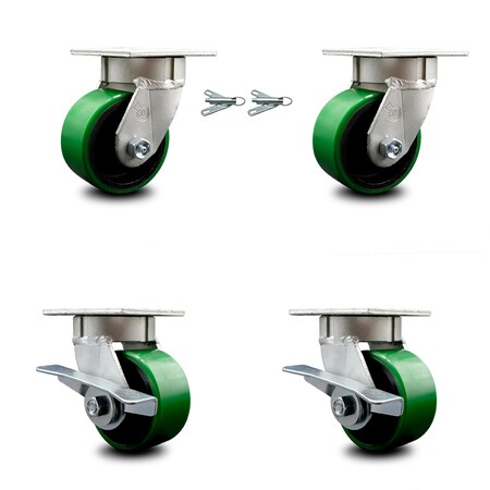 Service Caster 4 Inch Kingpinless Green Poly on Steel Wheel Caster Swivel Locks 2 Brakes, 2PK SCC-KP30S420-PUR-GB-BSL-2-SLB-2